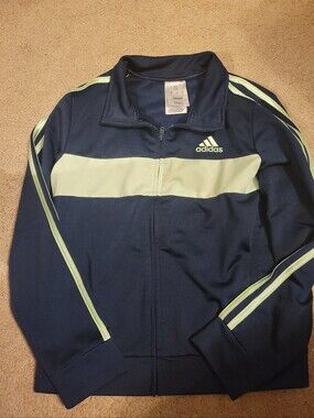 Boy's Adidas Navy Jacket with Pale Green Chest and Sleeve Stripes